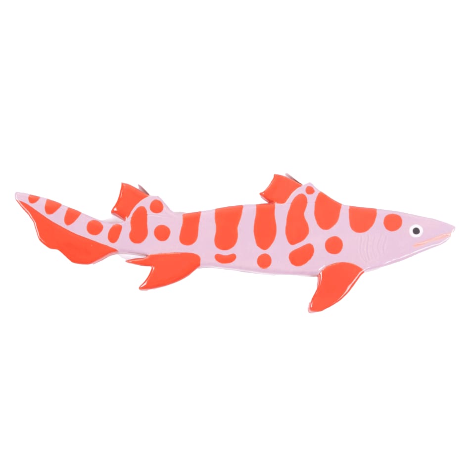 ceramic wall hanging a red and pink prehistoric fish