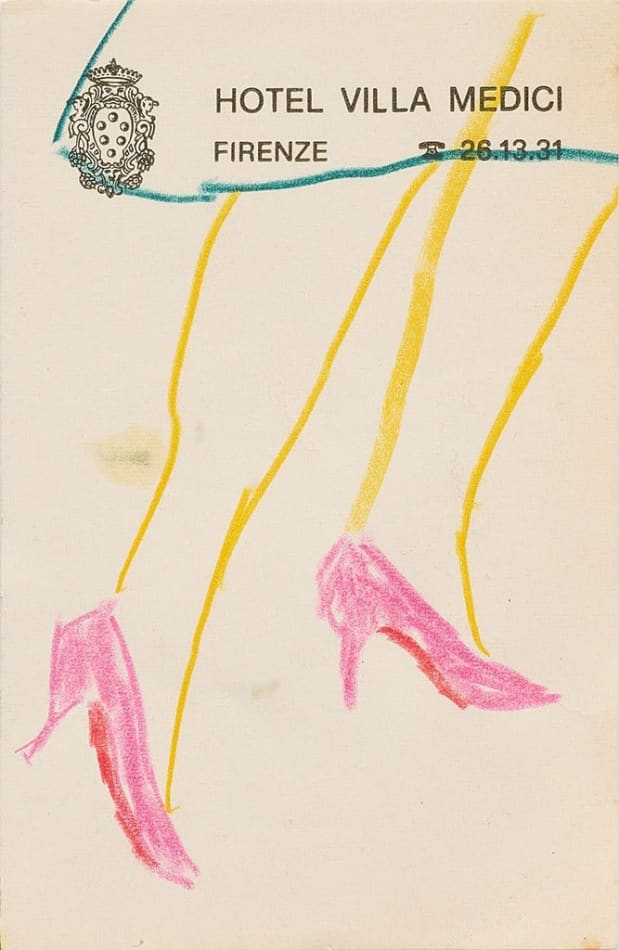 Drawing of someone's legs with pink high heels and a green dress on hotel stationery