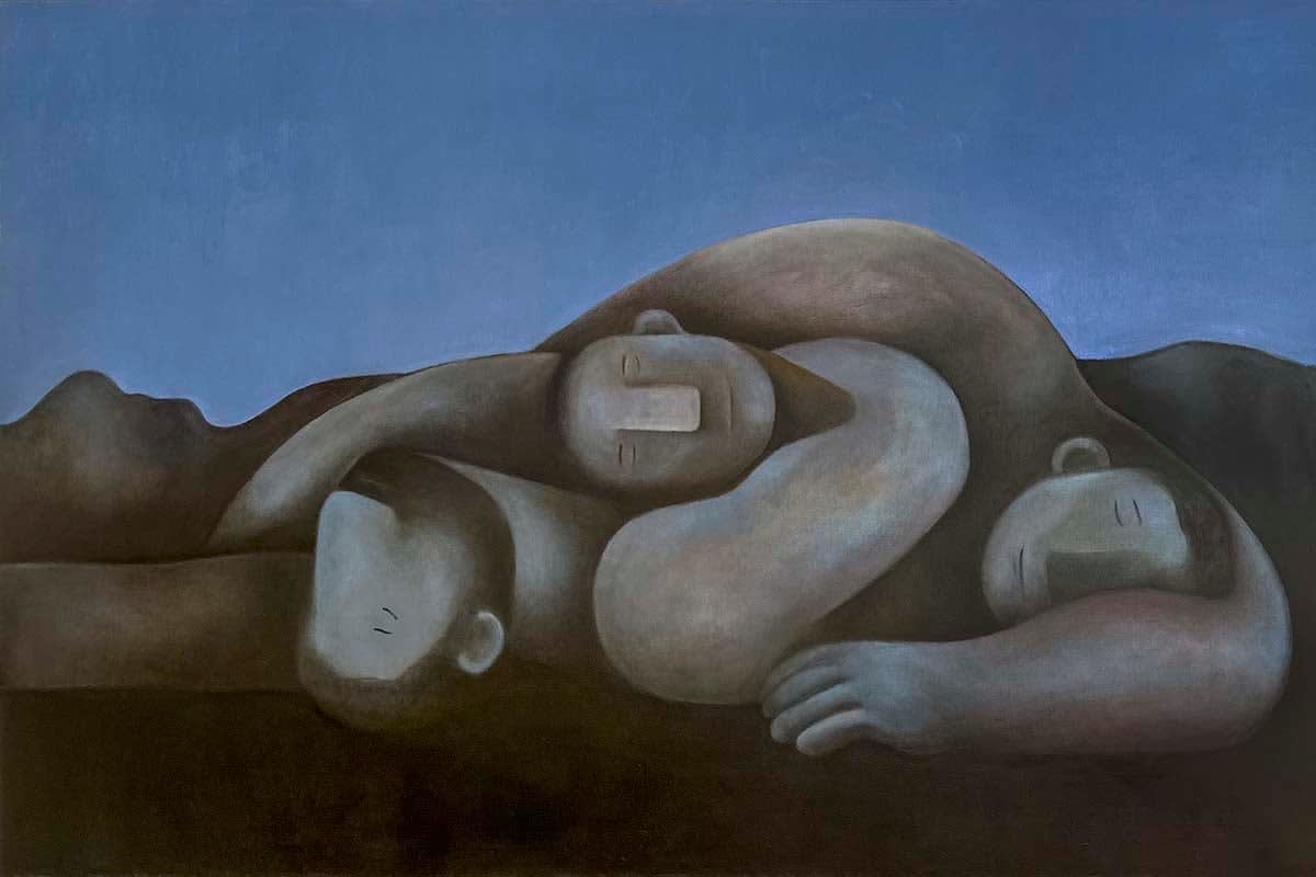 Carlos Rodriguez - painting of four men laying on the floor and cuddling one another. The background is in dark blue.