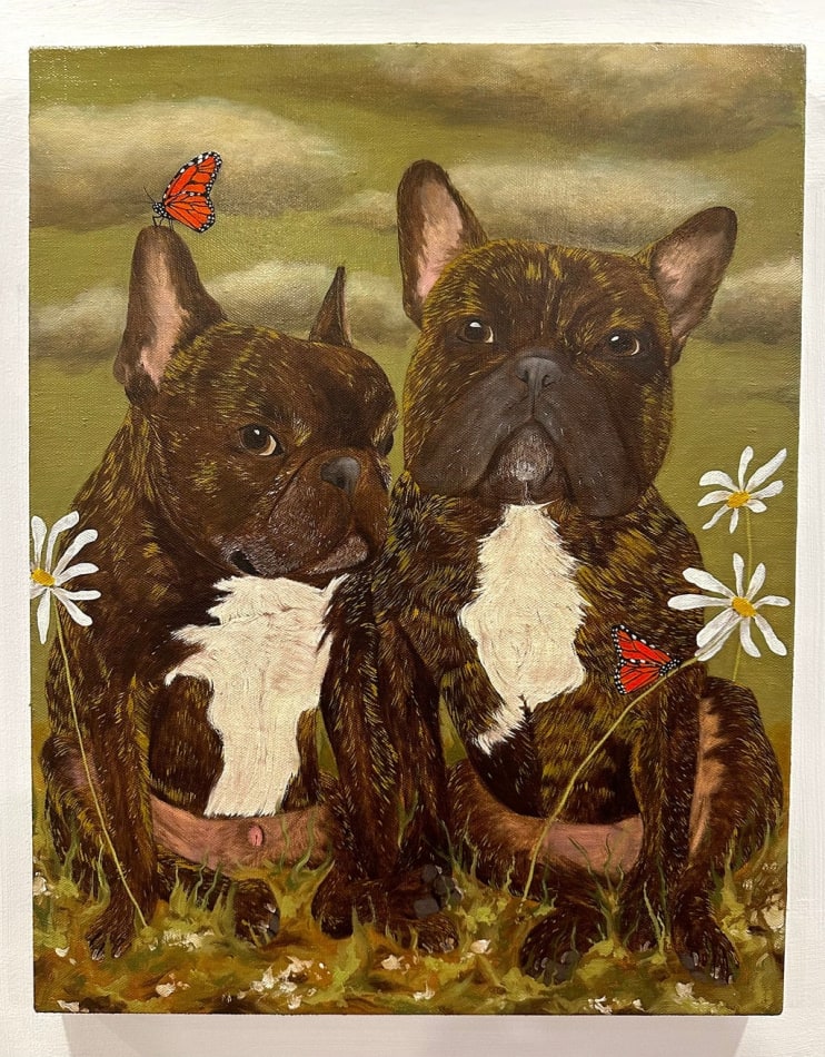 Painting of two dark brown and white dogs sitting next to each other with white daisies surrounding them and two red butterflies on them.