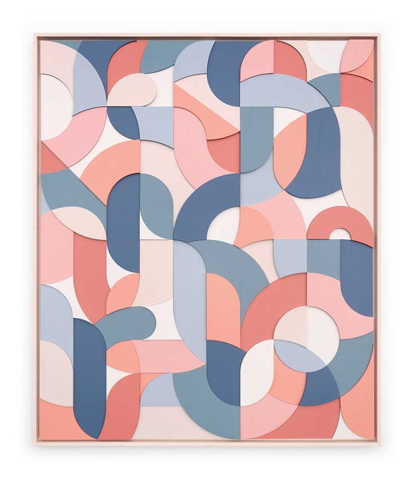 Framed multicolor wood relief sculptural piece made up of spiral shapes and curves by artist Scott Albrecht