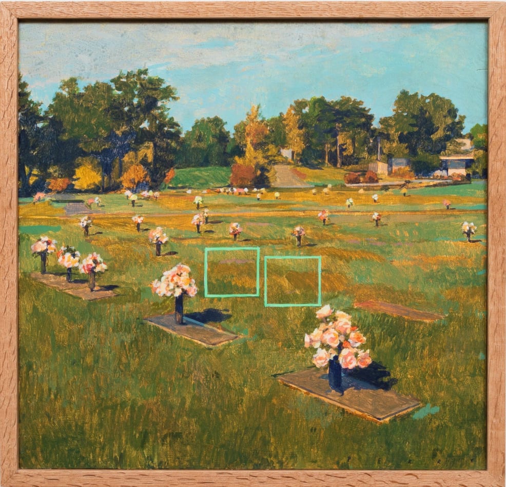 Painting of a cemetery with flowers on the ground on top of each plot. Two bright green squares are off center.