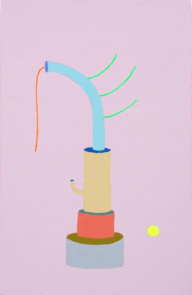 form made from 4 cylindrical shapes with a yellow circle near its base on a light purple background