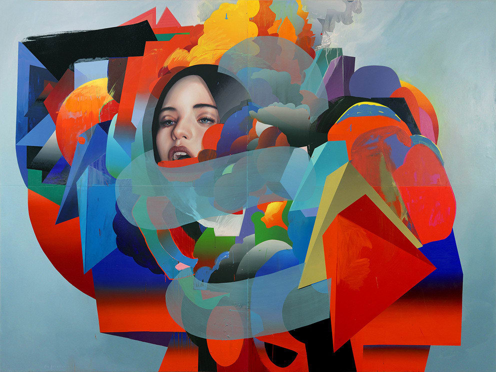 Erik Jones painting of female face obscured by geometric primary colored shapes