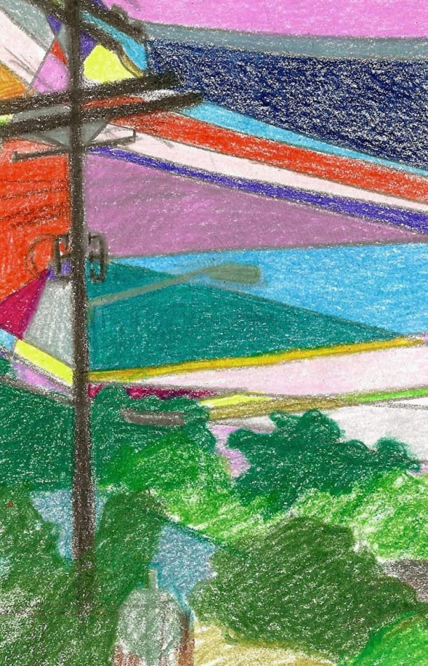 sketch of telephone lines and colorful patches in the sky