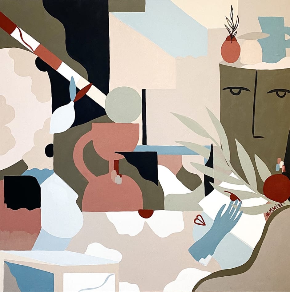 Madi painting of faces, plants and abstract shapes