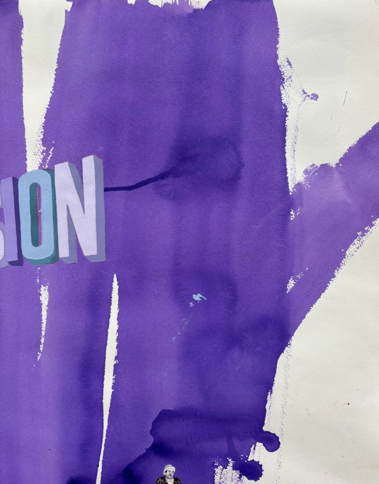Painting with large purple vertical paint strokes in the background covering the paper with the word