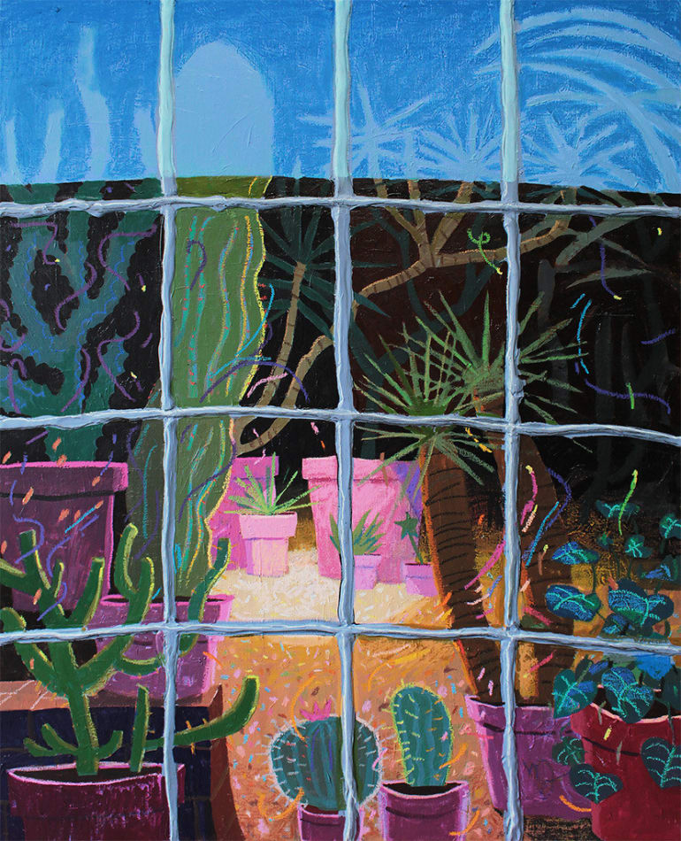 painting of a window full of various large and small plants by Nicholas Bono Kennedy