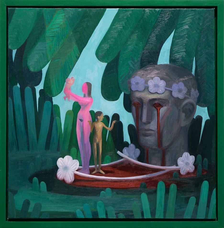 Corey Lamb painting of nude figures and bust crying blood with floral crown