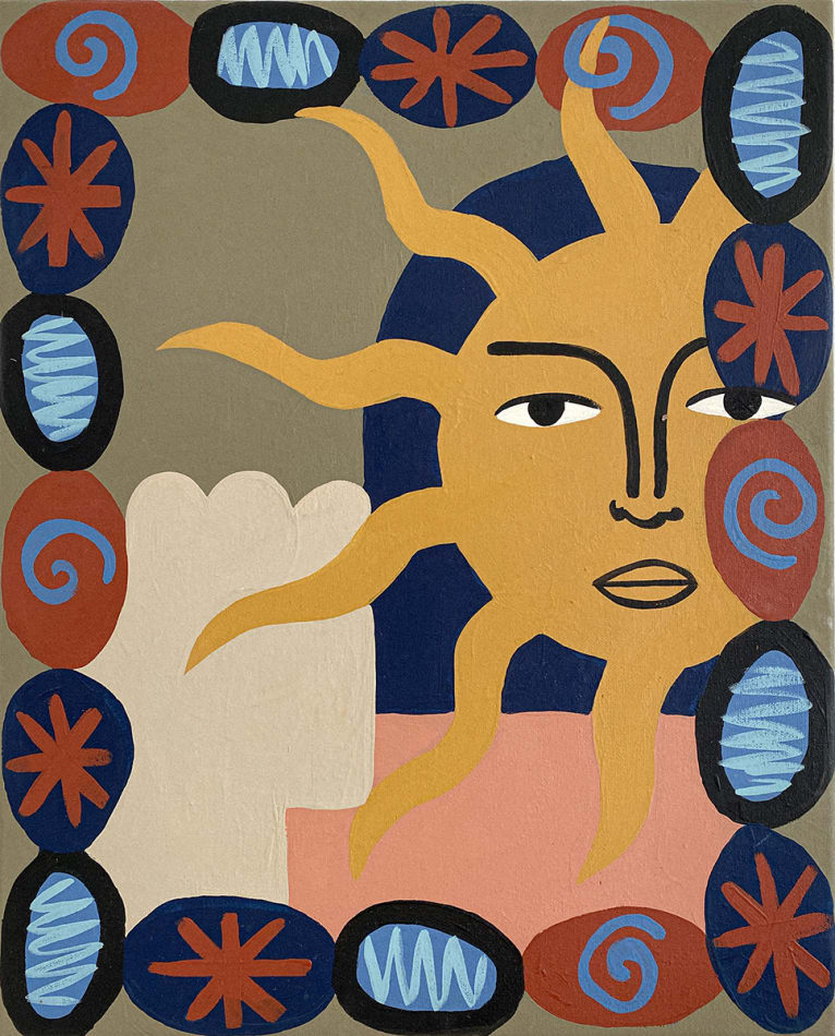 painting of a sun with a face and an abstract border