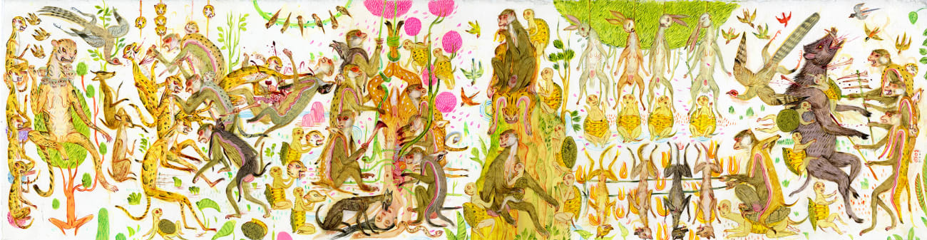 Painting by Mu Pan of creatures, animals and human hybrids eating, sleeping, killing, flying and climbing