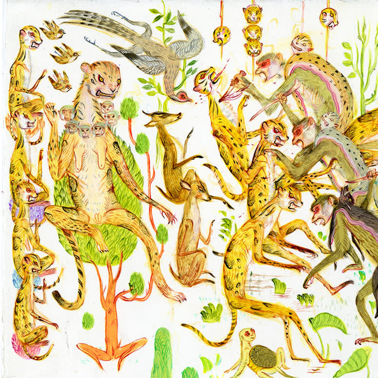 Detail shot of a painting by Mu Pan of creatures, animals and human hybrids eating, sleeping, killing, flying and climbing
