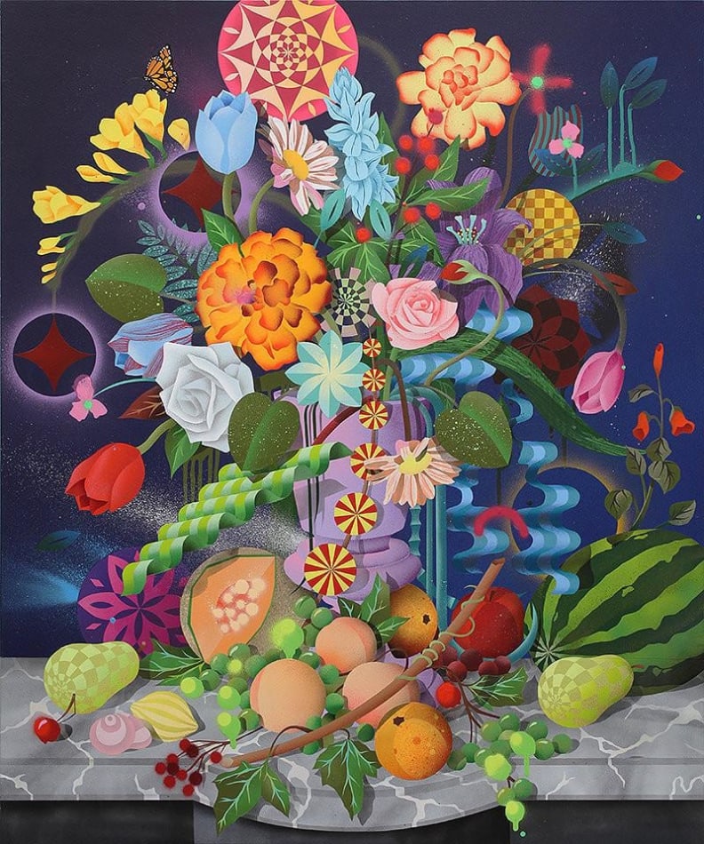 Casey Gray bright painting of fruit and flowers