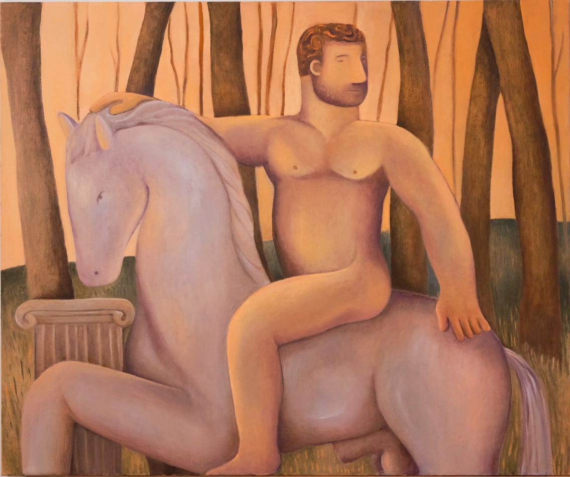 Painting of a naked man riding a white horse in the woods. The man is looking over his shoulder and the house is standing near a pedestal.
