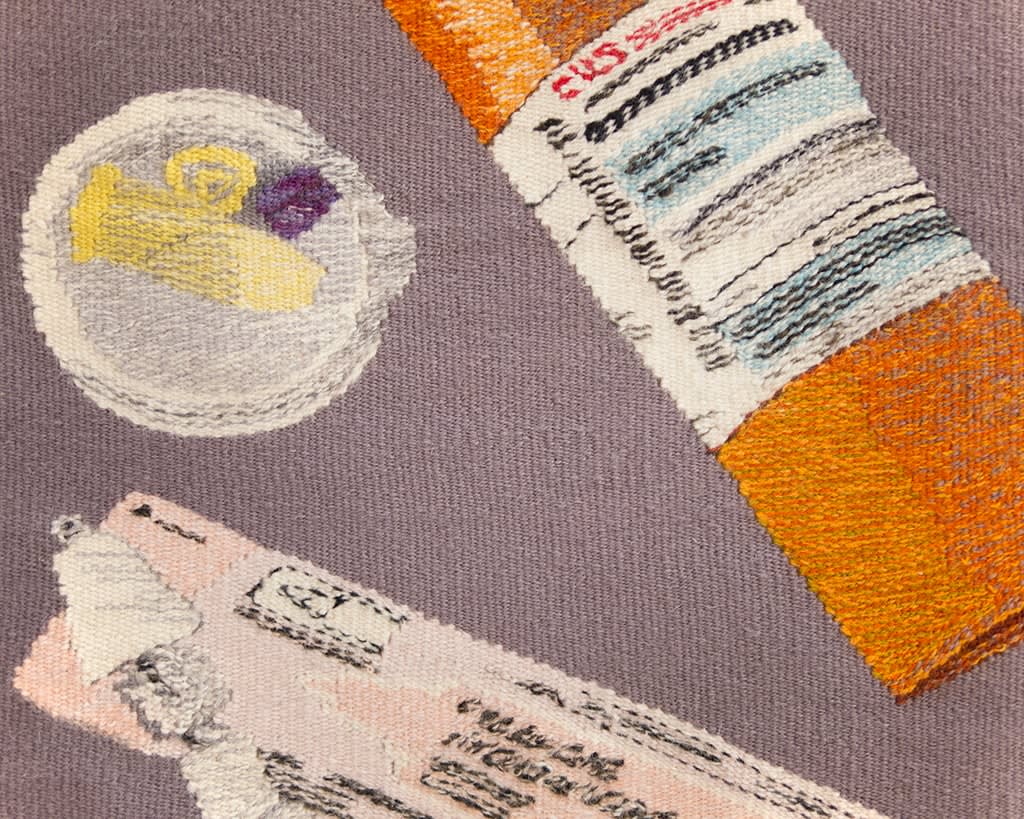 Erin M. Riley woven tapestry of narcan
