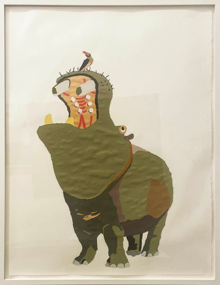 Colored paper collage of a hippo with a bird on its nose