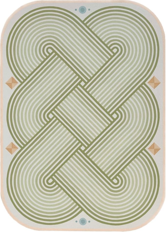 Sofia Shu - painting of olive green geometric round and lines overlaying one another almost like a flat knot.