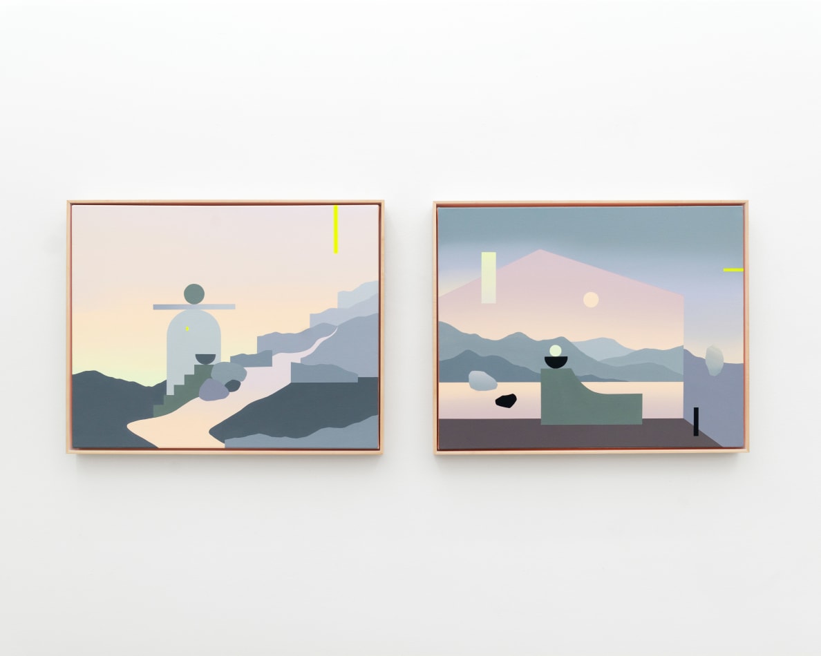 two Madeleine Tonzi landscape paintings of abstracted forms and mountains with dusky tones