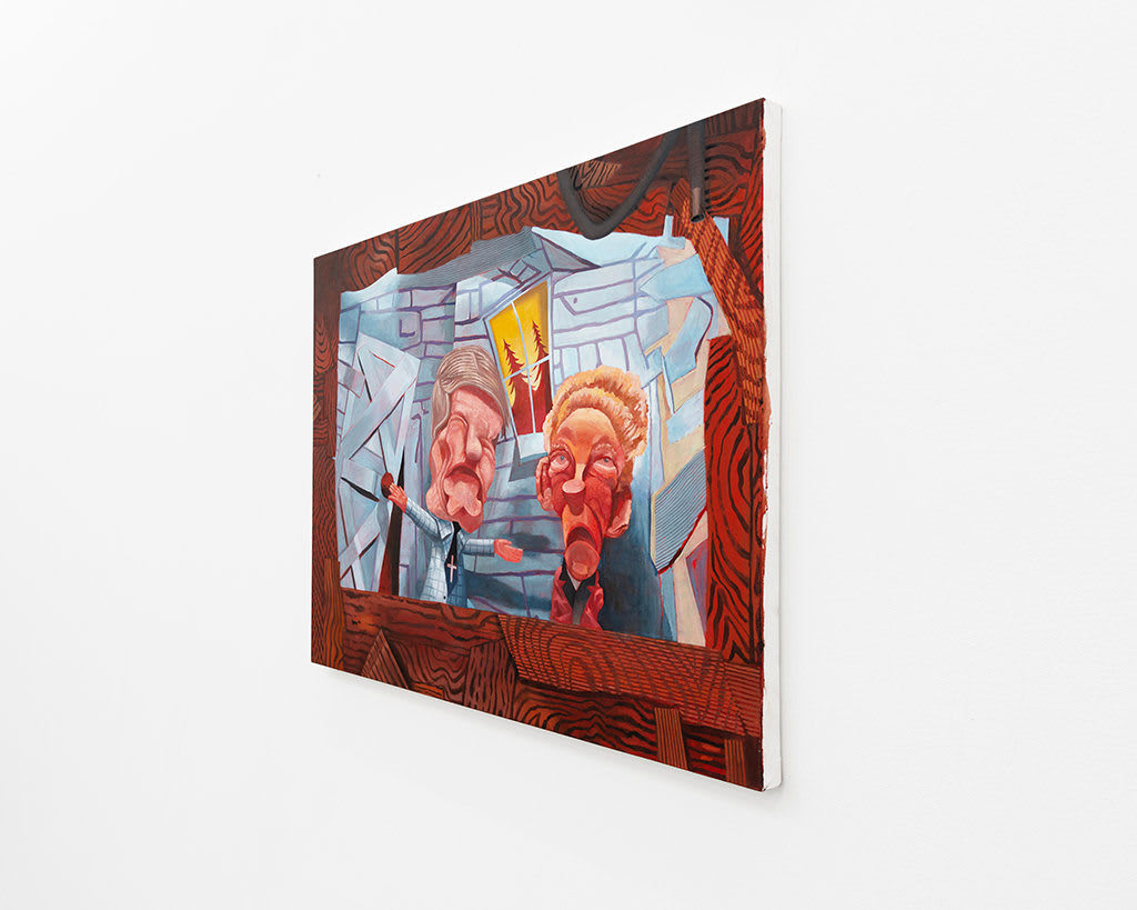 Painting of two elderly male puppets, the background is a house that is crumpling down with a window that overlooks two trees