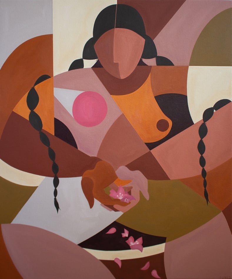faceless woman made out of blocked shapes holding flower petals