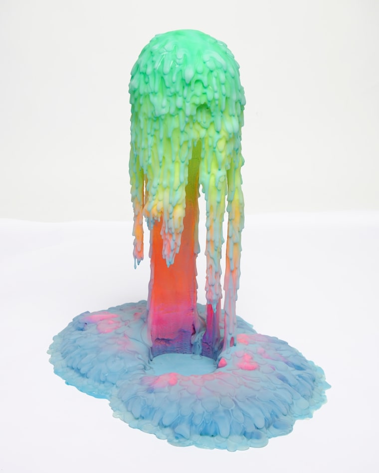 Dan Lam slime sculpture with gradient of green, red, and blue