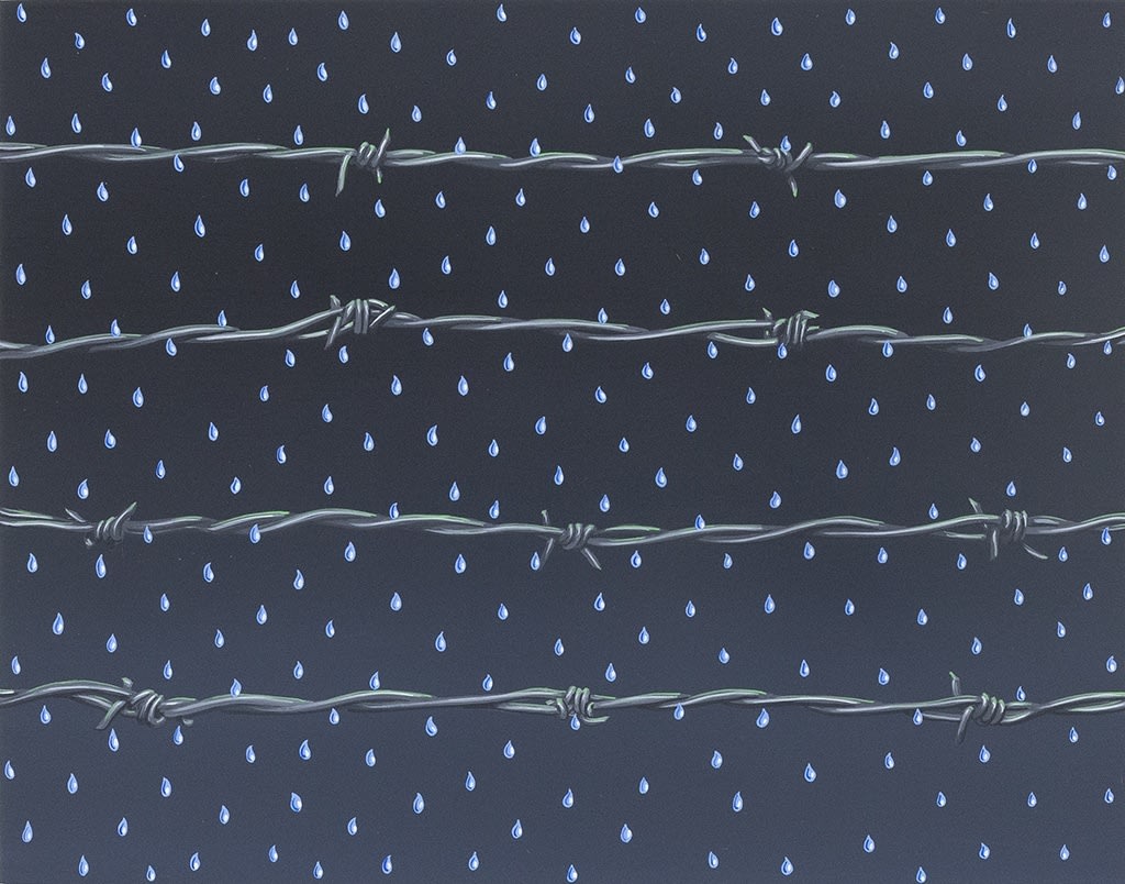 Painting of 4 rows of barbed wire on a dark night sky with bright blue and white rain drops falling from the sky by John Slaby