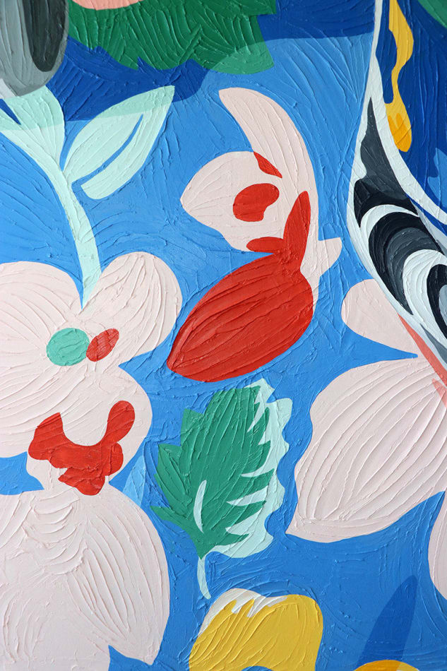detail of Annie Duncan painting of clear nail polish bottle - open with brush on side. Bright floral background