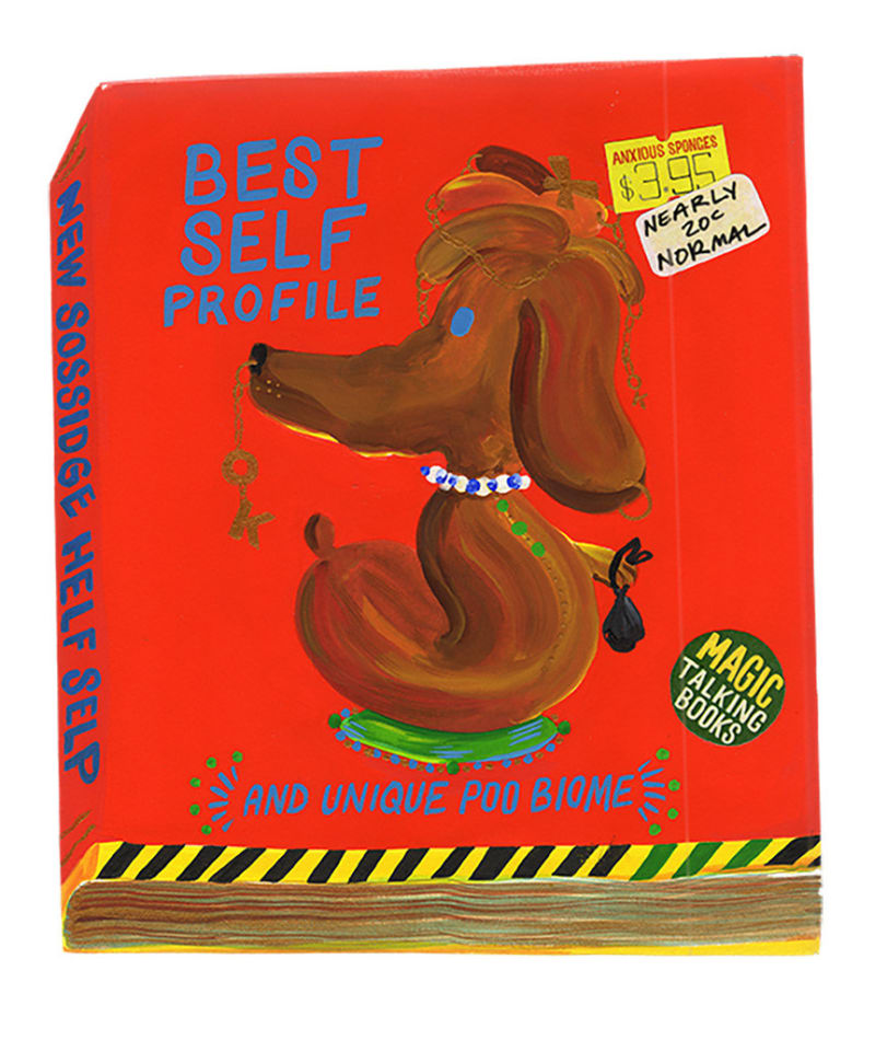 Painting of a red book with blue text saying 