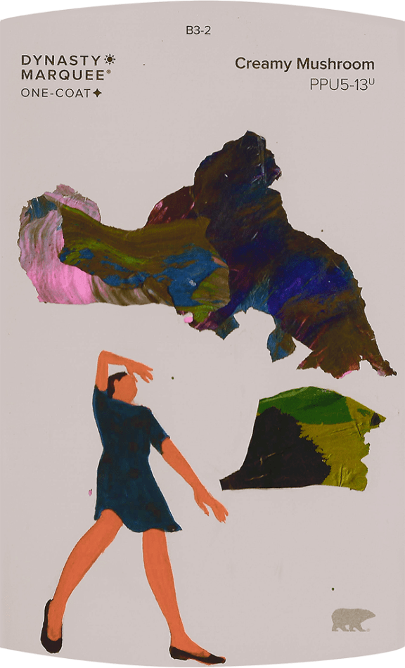 Painting on a cream paint chip of a woman in a dress laying on her back