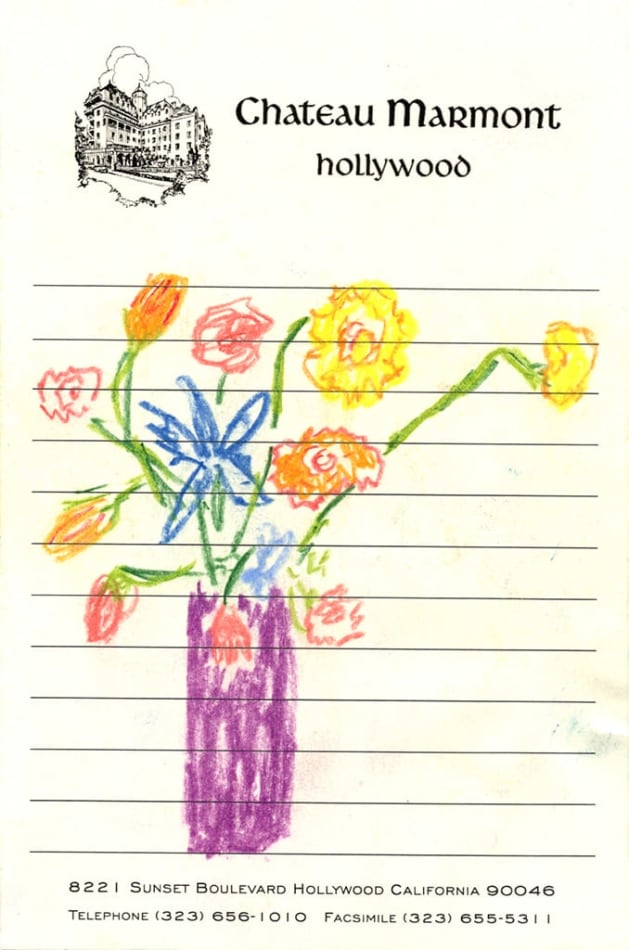 drawing by Michael McGregor of colorful floral arrangement on Chateau Marmont hotel stationary