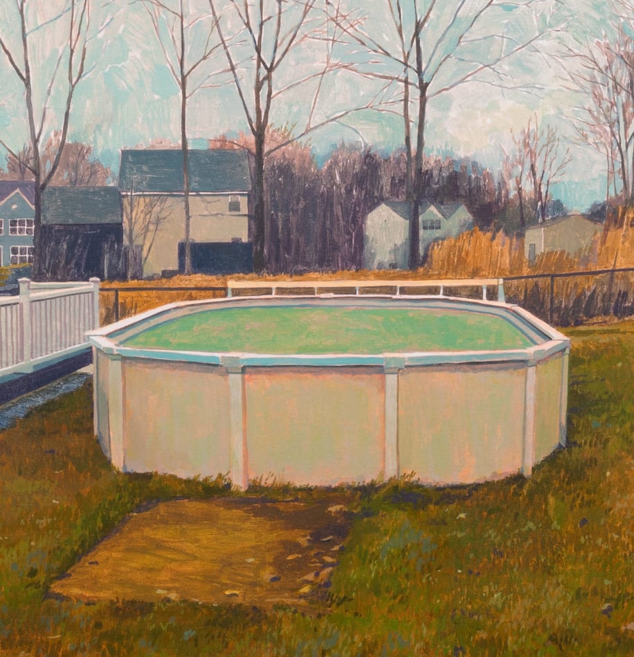 Painting of an above ground pool on grass surrounded by some low fences with bare trees in the background and a house beyond the fence