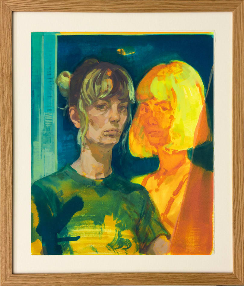 Rachel Gregor self portrait with painting of self portrait behind her