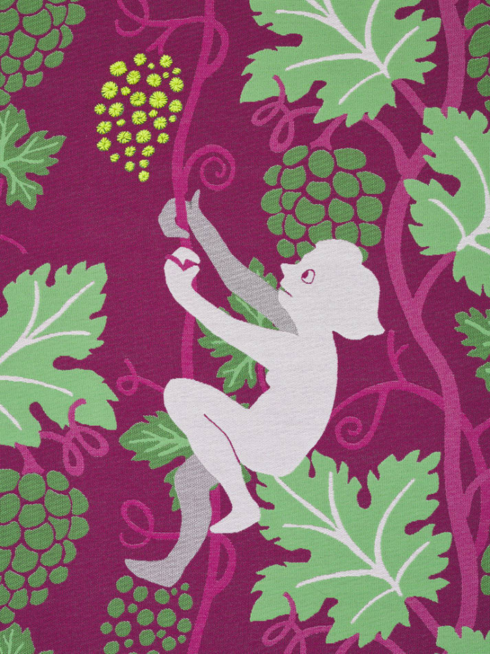 Detail of Oona Brangam-Snell hand-woven embroidery of eagles, grapes, and figures climbing