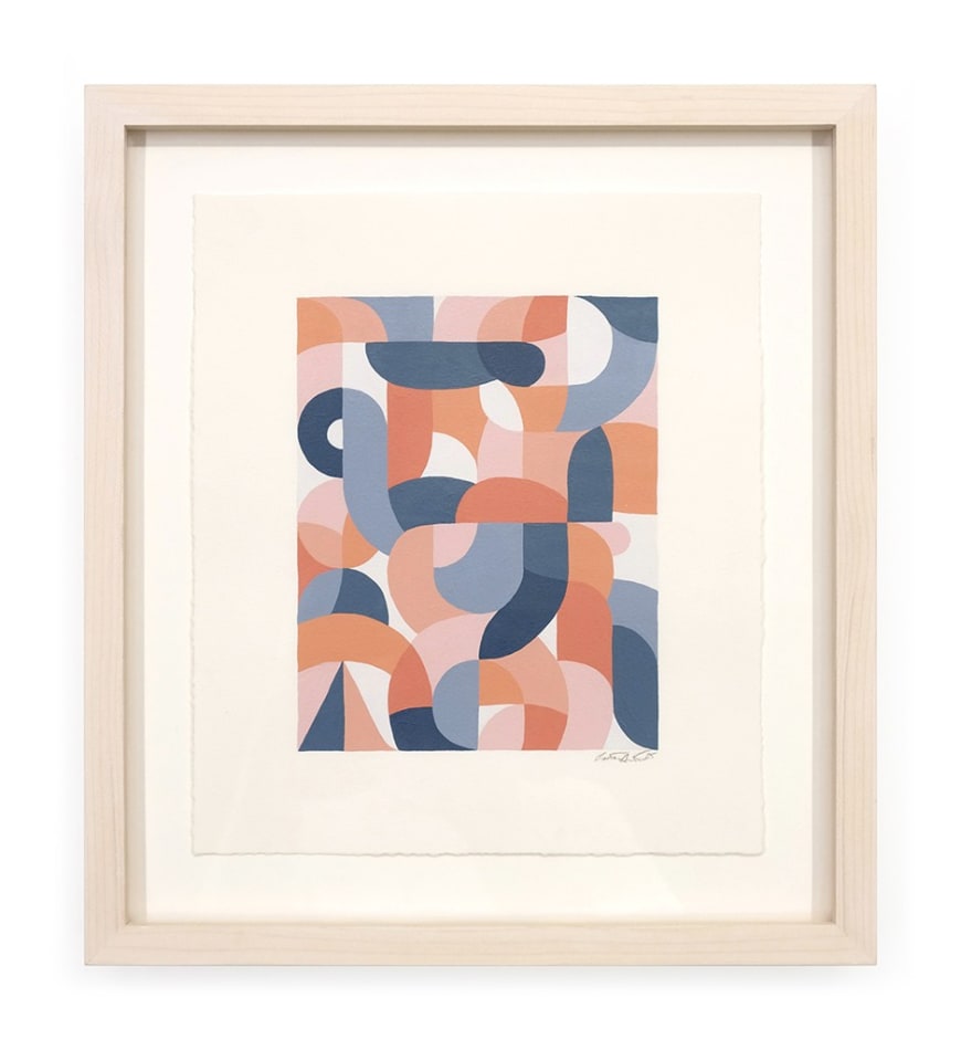 Framed work on paper depicting various multicolored curves and shapes by artist Scott Albrecht