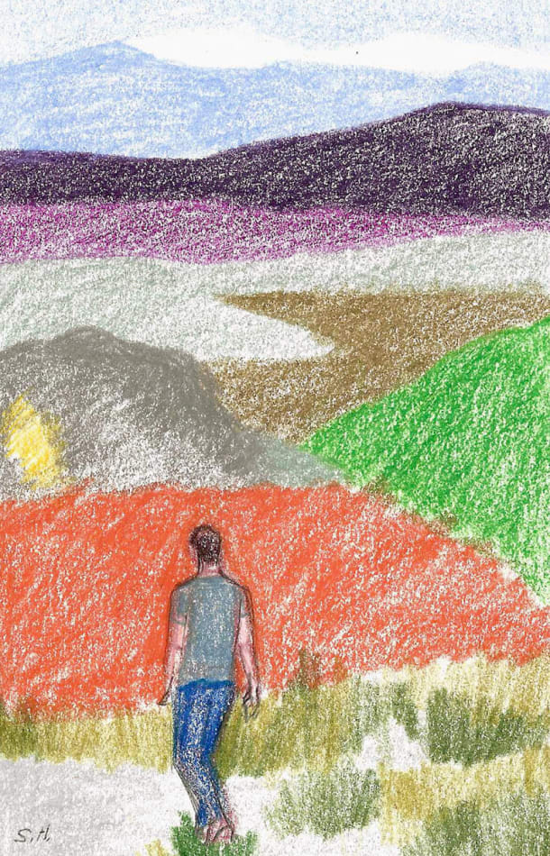 sketch of the back of a man standing facing series of mountains in different colors