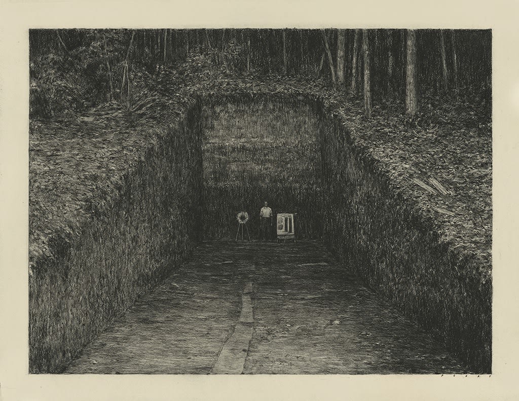 Pat Perry b&w drawing of figure at end of tunnel