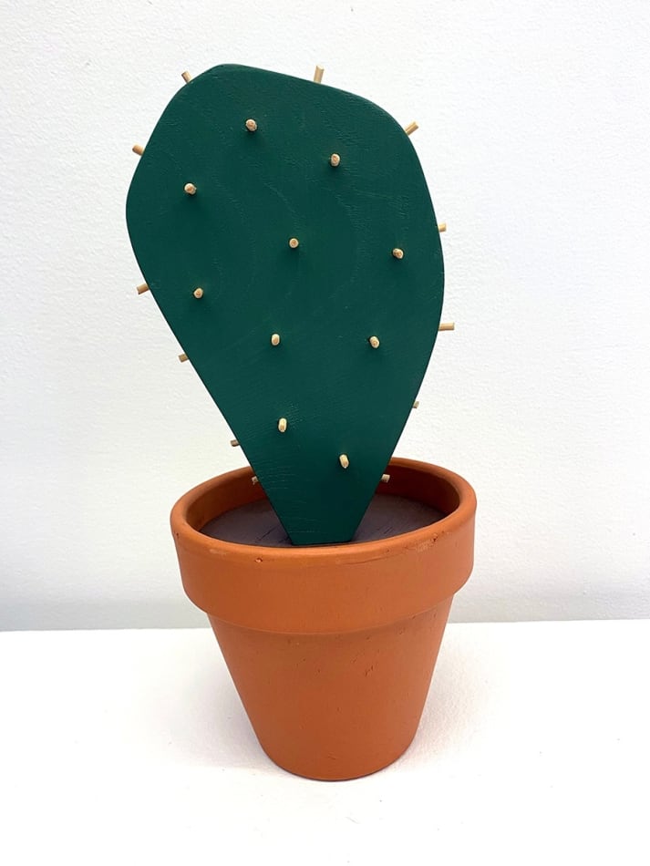 Jeff Canham wooden sculpture of cactus in terra cotta pot