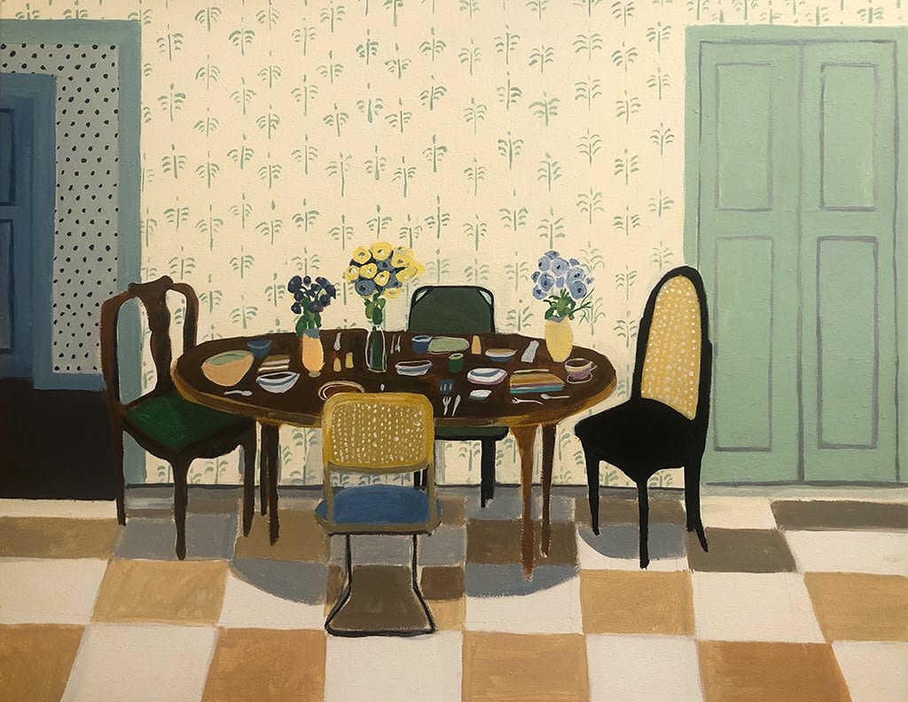 Polly Shindler painting of kitchen table and mismatched chairs