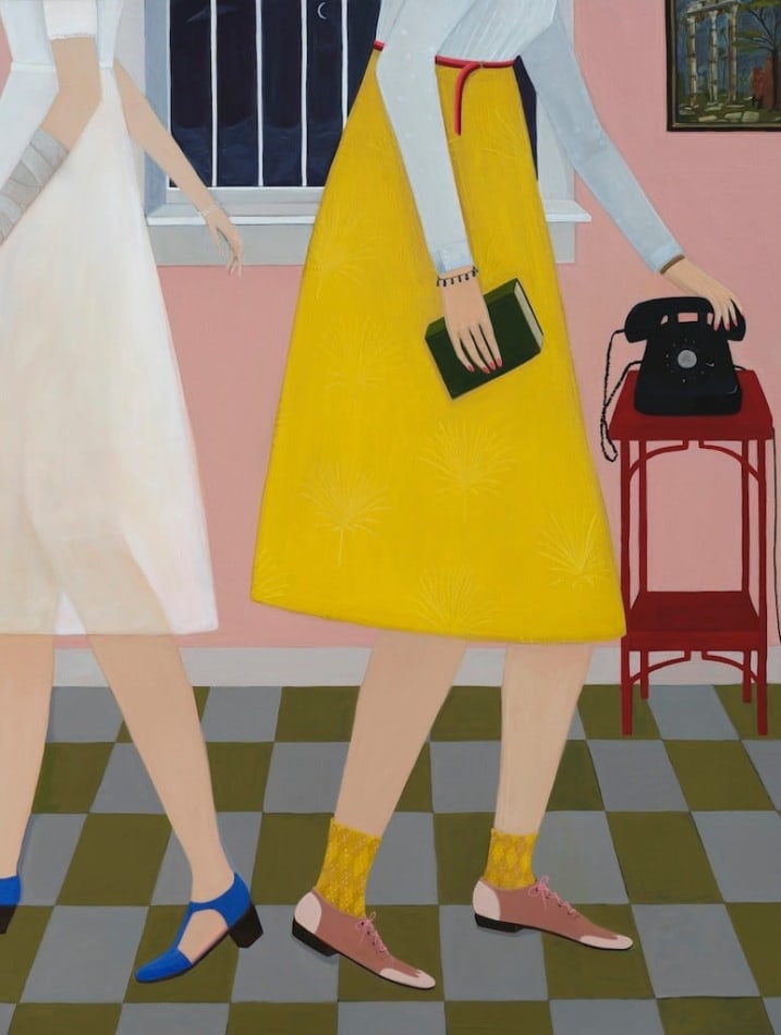 painting by Angela Burson depicting two women walking in opposite directions, one with a bandage-wrapped arm and the other reaching for a black telephone