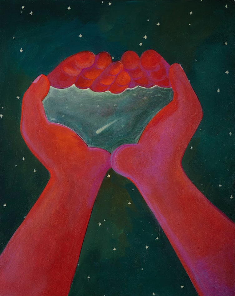 painting by artist genevieve cohn of a pair of red-toned hands cupping water against a blue starry sky