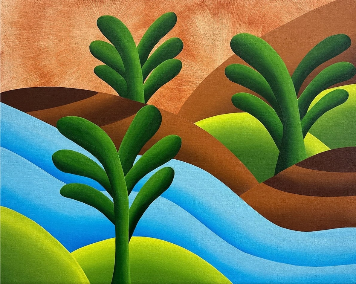 undulating hills symbolizing woman's body dotted with green plants