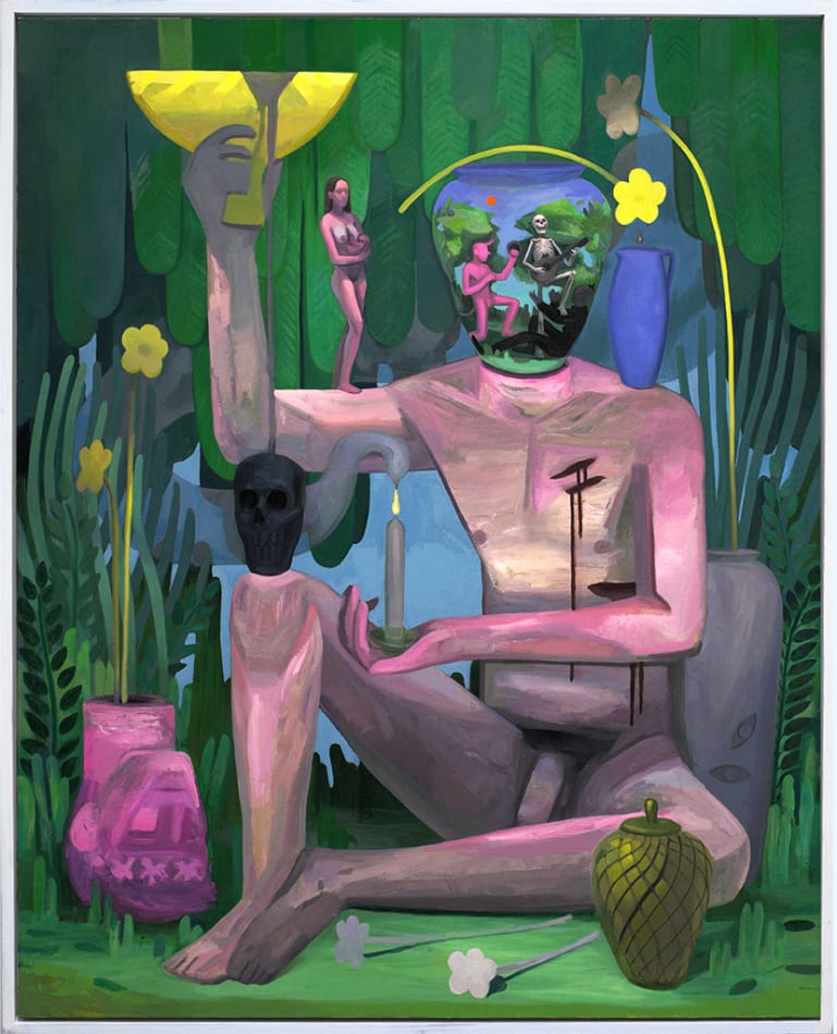Corey Lamb painting of nude man holding candles and objects