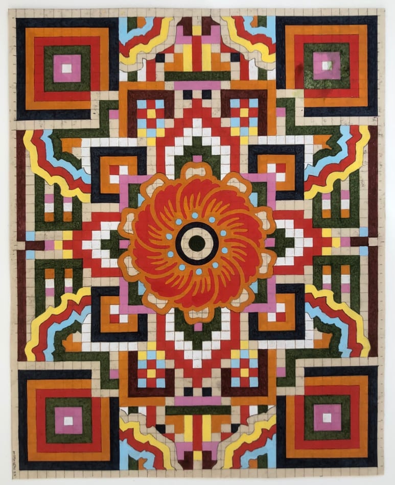 Geometric drawing with tiled blocks of color in black, red, green, pink, yellow and light blue