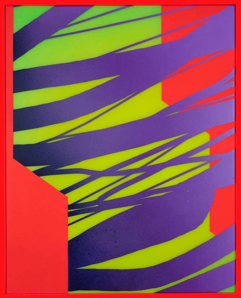 Rachel Strum paint and resin piece, abstract shapes in neon orange, yellow-green, and purple