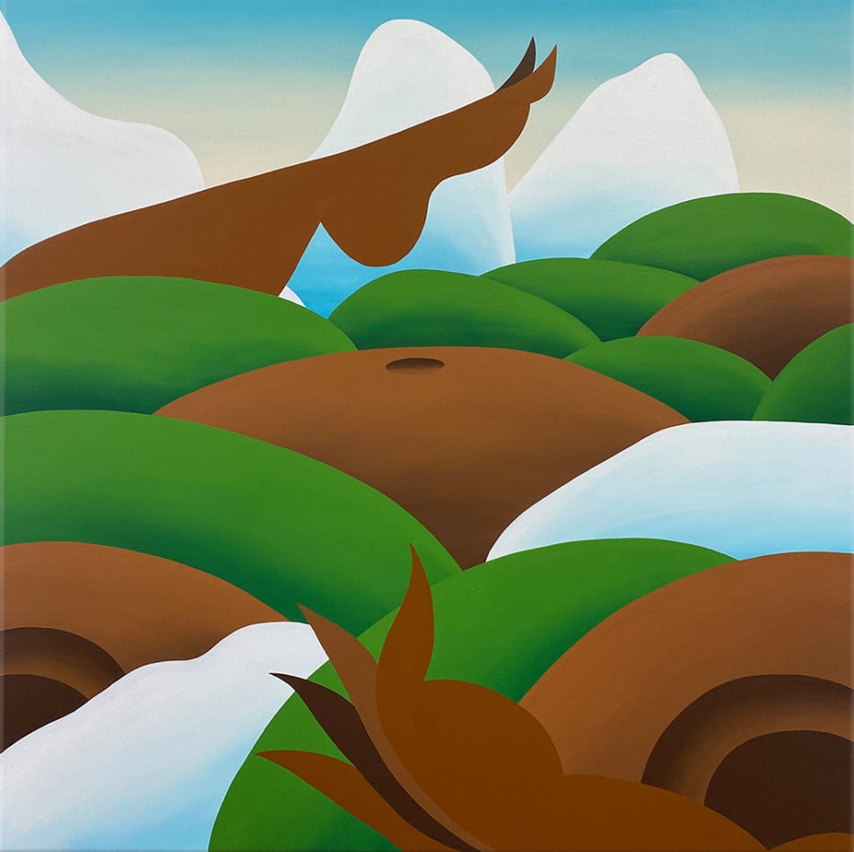 Bianca Nemelc painting of abstracted female figure with mountainous green landscape and glaciers