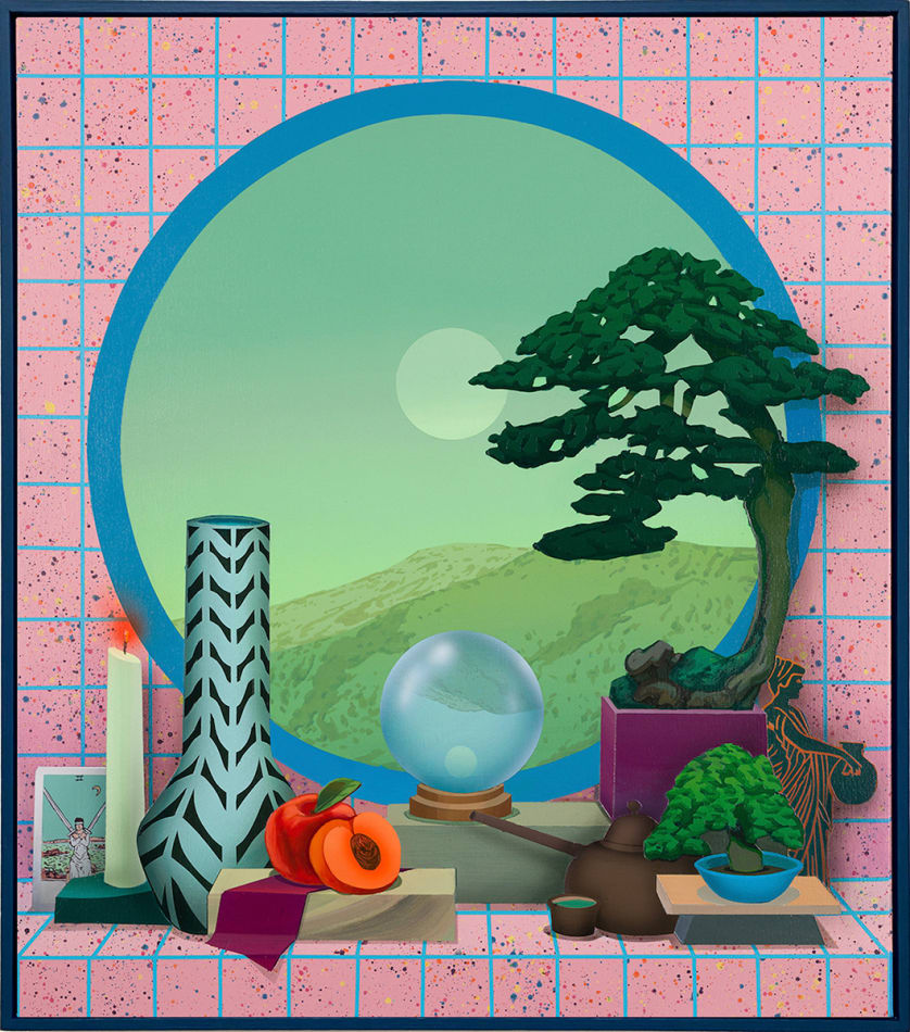 framed painting of plants, candles, fruit and mystical objects in front of window looking out onto a mountain