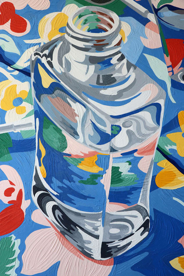 detail of Annie Duncan painting of clear nail polish bottle - open with brush on side. Bright floral background