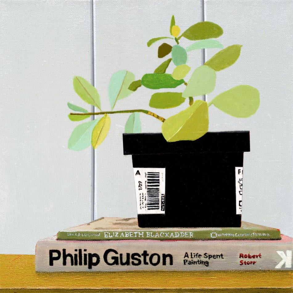 painting of a plant sitting on top of two stacked books