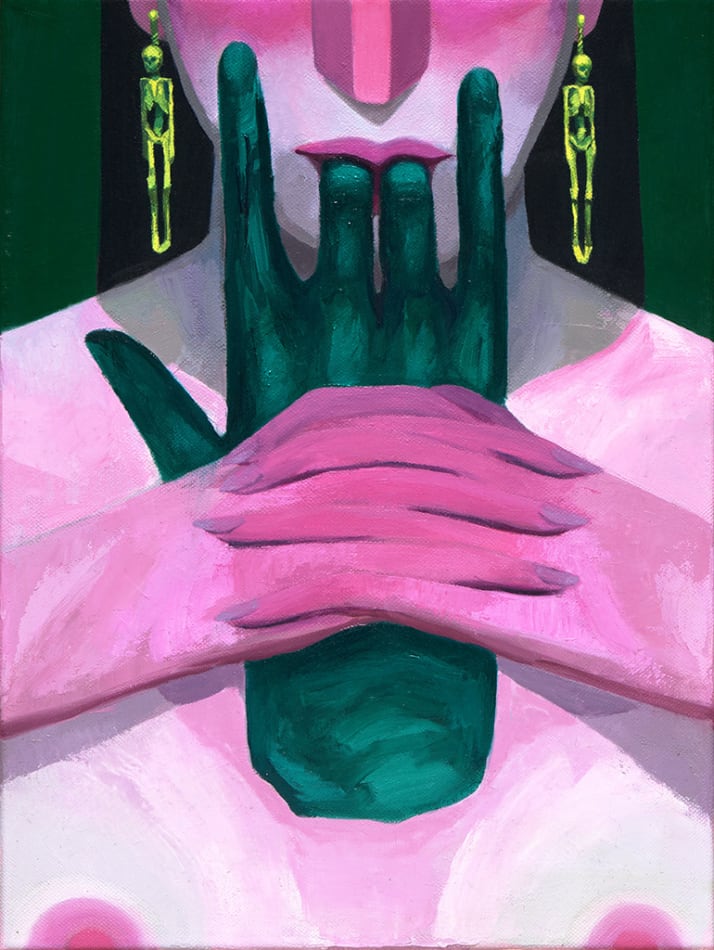 Corey K. LAmb - Painting of a figure with blurred but sad face holding a black flower