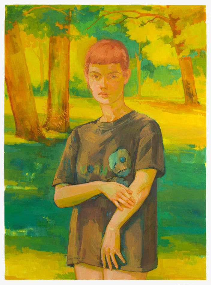 Painting of a woman standing in a grassy area surrounded by trees in the background. The woman is touching her arm, wearing a large black t-shirt and no pants on.